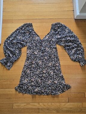 Dress Forum, Floral Tie Front Smocked Back Mini Dress, Black, EUC, Women's S